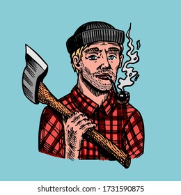 Lumberjack With An Ax In A Red Shirt. Feller Or Woodcutter With A Pipe. Hand Drawn Vintage Retro Logger Character Sketch For Poster Or Logo, Label Or Tattoo Or T-shirt. Vector Illustration