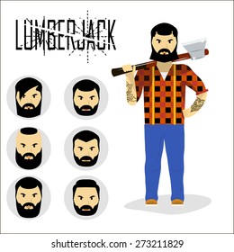 lumberjack with ax and set of lumberjack's face and head. beard, mustache, hairstyle. vector illlustration. 