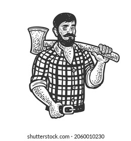 lumberjack with an ax sketch engraving vector illustration. T-shirt apparel print design. Scratch board imitation. Black and white hand drawn image.