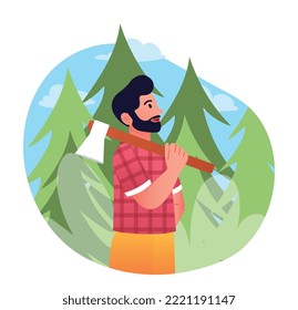 Lumberjack with axe. Bearded man with tool stands in forest against backdrop of trees. Character in nature, hobby and active lifestyle. Poster or banner for website. Cartoon flat vector illustration