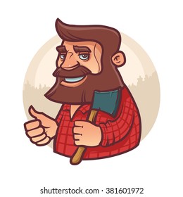 lumberjack with axe, cartoon character, woodcutter giving thumb up, happy, vector illustration