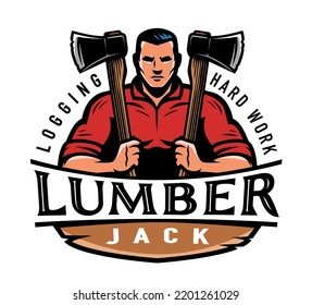 Lumberjack with axe design logo. Wood industry, logging emblem and mascot. Woodwork, timber label vector illustration