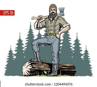 Lumberjack with axe and downed log, forest background. Vector illustration