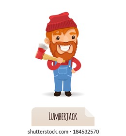 Lumberjack With Axe. In the EPS file, each element is grouped separately. Isolated on white background. JPG with paths.