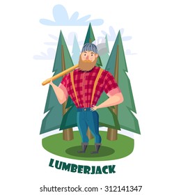 Lumberjack with axe in the forest. Lumberjack in red shirt and blue jeans.