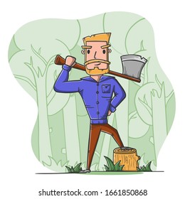 Lumberjack with axe in the forest. Woodcutter job. Cartoon style vector.