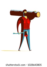 Lumberjack with an axe in hand carrying a big log on his shoulder. Red and black jacket. Blue jeans. Strong bearded man lifting heavy weights.