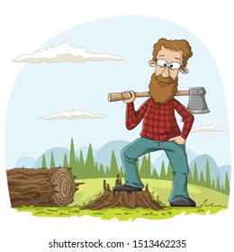 Lumberjack with axe. Hand drawn vector illustration with separate layers.