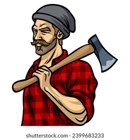 Lumberjack with Axe Illustration Vector Character Design Logo Template