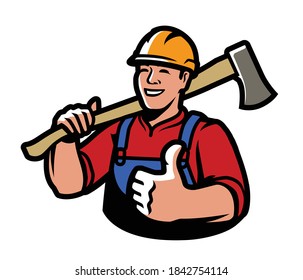 Lumberjack with axe. Lumber, construction, building vector illustration