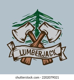 Lumberjack axe with pine tree ribbon vintage illustration for tshirt and badges