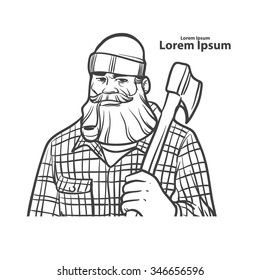 lumberjack with axe, serious man, beard, simple illustration