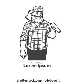 lumberjack with axe, serious man, beard, simple illustration