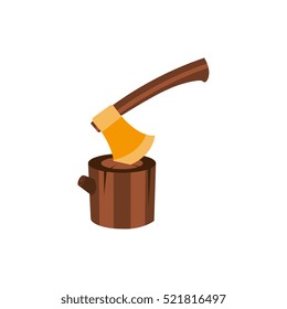 Lumberjack Axe Stuck In Block Of Wood, Camping And Hiking Outdoor Tourism Related Item Isolated Vector Illustration