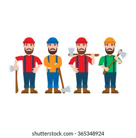 lumberjack with axe in various poses isolated on white background