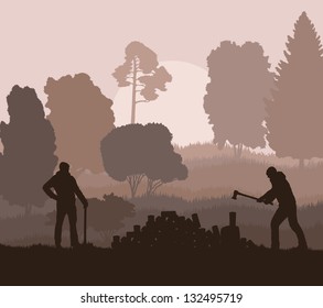 Lumberjack with axe vector background in nature