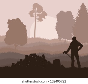 Lumberjack with axe vector background in nature