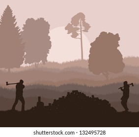 Lumberjack with axe vector background in nature