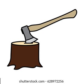 Lumberjack Axe with wooden handle stuck in tree trunk. vector illustration