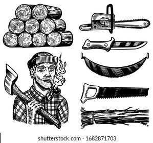 Lumberjack with axe. Woodsman character and work tools Set. Downed logs, Saw or chainsaw. Hand drawn elements. Logger or axeman or woodcutter. Vector illustration. Engraved Monochrome Vintage Sketch.