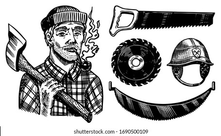 Lumberjack with axe. Woodsman character and work tools Set. Downed logs, Saw or chainsaw. Hand drawn elements. Logger or axeman or woodcutter. Vector illustration. Engraved Monochrome Vintage Sketch.