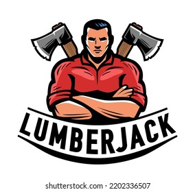 Lumberjack with axes emblem, logo or mascot. Woodwork, wood industry label. Color design vector illustration