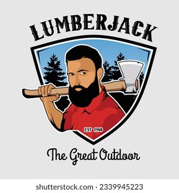 Lumberjack Badge Emblem, Woodworking Detailed Logo Vector Colorful