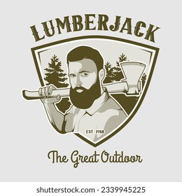 Lumberjack Badge Emblem, Woodworking Detailed Logo Vector Vintage Black and White