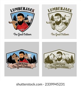 Lumberjack Badge Emblem, Woodworking Detailed Logo Vector Vintage Set
