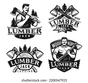 Lumberjack badge set. Woodwork, felling trees emblem. Wood industry monochrome labels set. Vector illustration isolated