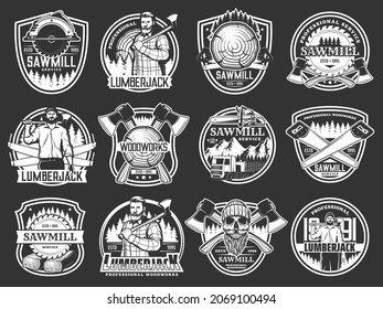 Lumberjack with beard and axe isolated vector icons of woodwork, sawmill, logging and lumbering. Bearded logger or woodcutter men, forest tree, hatcher, saw, wood log, skull and hat monochrome symbols