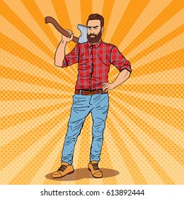 Lumberjack with Beard and Axe. Woodcutter Worker. Pop Art vintage vector illustration