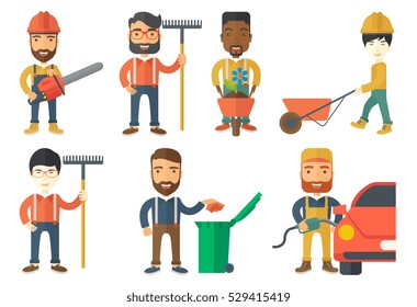 Lumberjack with beard holding chainsaw. Lumberjack in workwear, hard hat and headphones. Young lumberjack with chainsaw at work. Set of vector flat design illustrations isolated on white background.