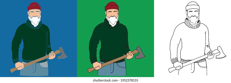 A lumberjack with a beard in a red hat and a jersey with an axe in his hands. Three spot style options, cartoon outline and color, lines only. Set EPS10