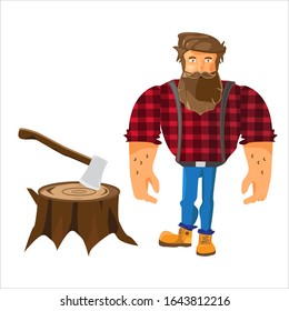 Lumberjack bearded man in red checkered shirt with axe on a stump. Woodcutter character cartoon isolated on the white background. Stock vector illustration.