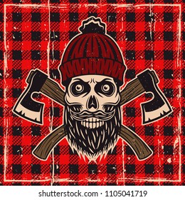 Lumberjack bearded skull in knitted hat vector colored illustration on checkered plaid background with removable grunge textures