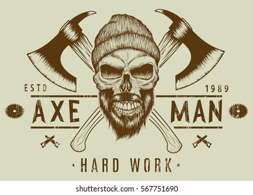 Lumberjack bearded skull with two axes hand drawn vector illustration.T-shirt design