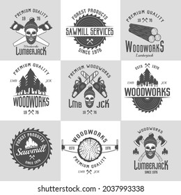 lumberjack black white emblems with equipment forest product skull hat with beard isolated