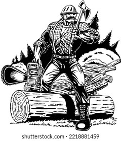 Lumberjack  Black and White Vector Illustration