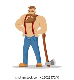 Lumberjack brutal bearded man in red checkered shirt with axe in hands. Woodcutter. Wanderlust, hiking and travel concept. Worker lumber with wood, character cartoon woodcutter on the white background