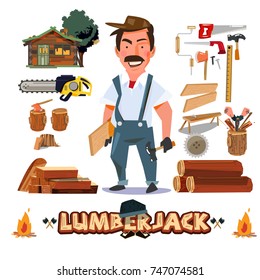 Lumberjack or carpenter character design with equipments and tools. typographic design for header - vector illustration