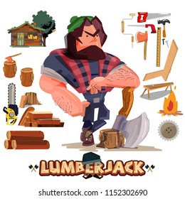 Lumberjack or carpenter with tool and equipment set - vector illustration