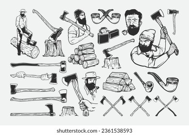 Lumberjack carpenter wood working illustration set
