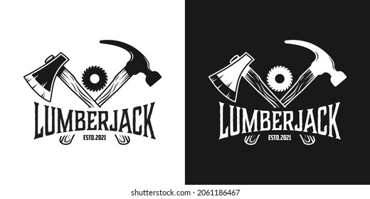 Lumberjack, carpentry, woodworker vintage logo with equipment forest products isolated