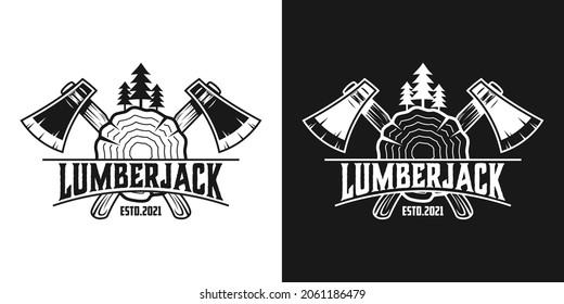 Lumberjack, carpentry, woodworker vintage logo with equipment forest products isolated