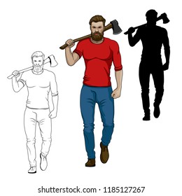 A Lumberjack carries an ax on his shoulders. Vector Illustration. Axeman