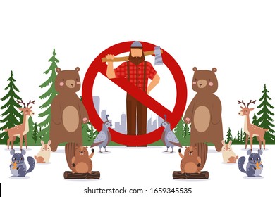 Lumberjack cartoon character with ax in the forest vector flat illustration. Illegal Deforestation prohibition sign. Bearded woodcutter with moustache in checkered shirt, hat with wild animals.