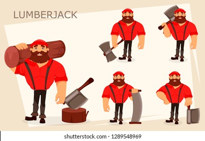 Lumberjack cartoon character, set of five poses. Handsome logger. Vector illustration on white background. 