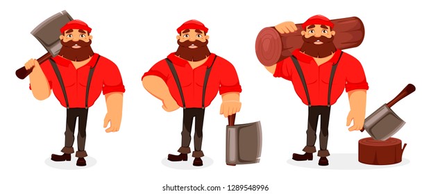 Lumberjack cartoon character, set of three poses. Handsome logger holding big axe and holding log. Vector illustration on white background. 