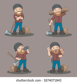 Lumberjack Cartoon Character Set.  Woodcutter with an Ax.  Vector illustration